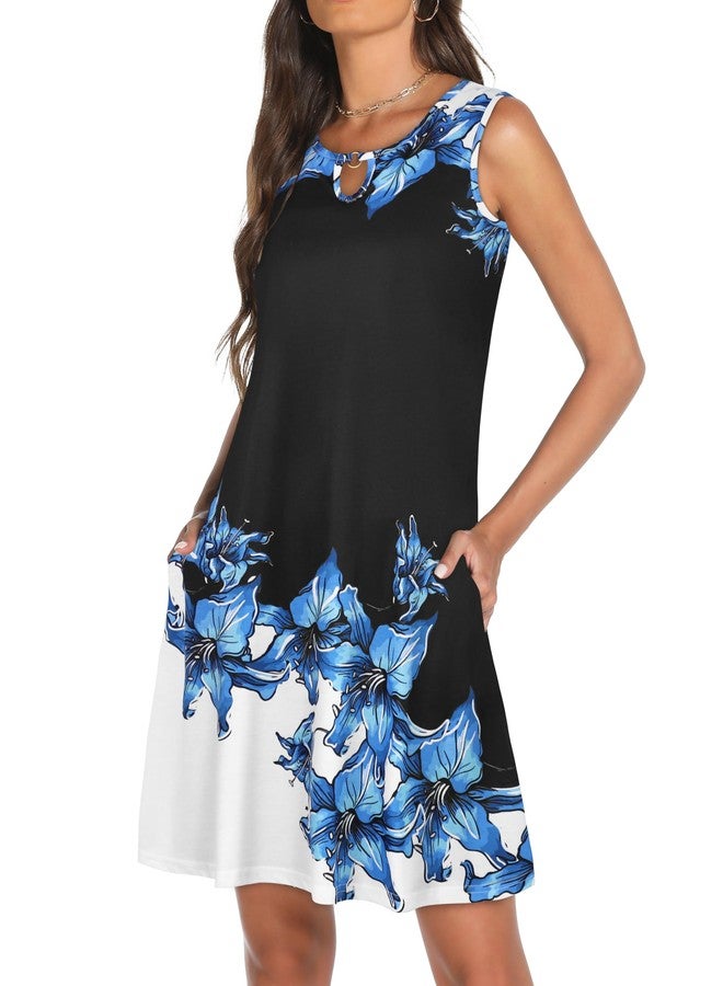 elescat Summer Dresses for Women Casual Sleeveless Sundress Floral Loose Fit Beach Cover Up with Pocket（Blue Floral, XL - Image 4